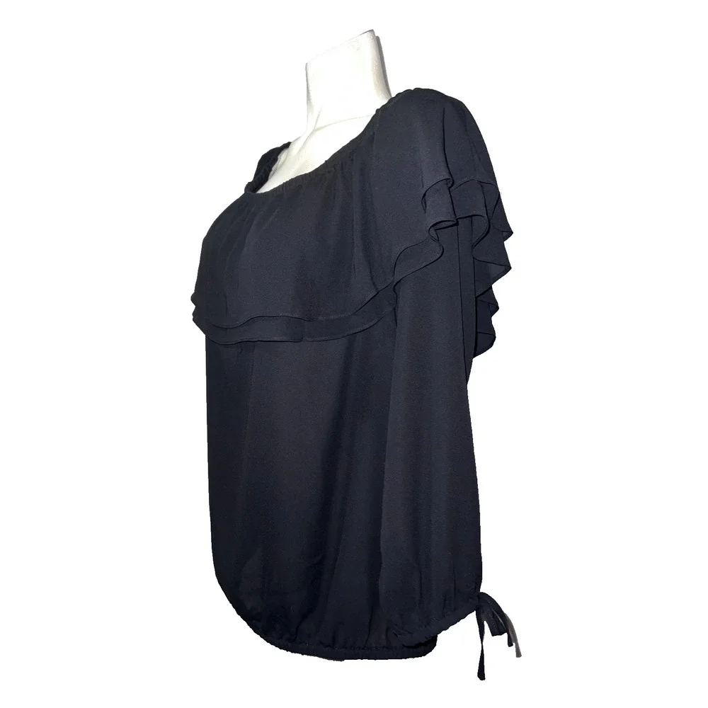 Michael Kors Black Off the Shoulder Ruffle Blouse Long Sleeve Elastic Hem Top 1X